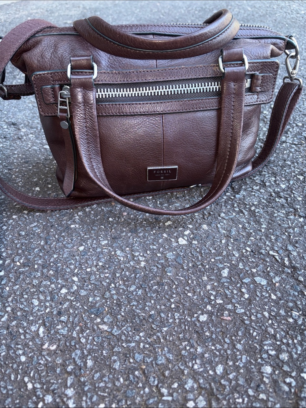 Fossil Dark Brown Leather Satchel with Silver Hardware